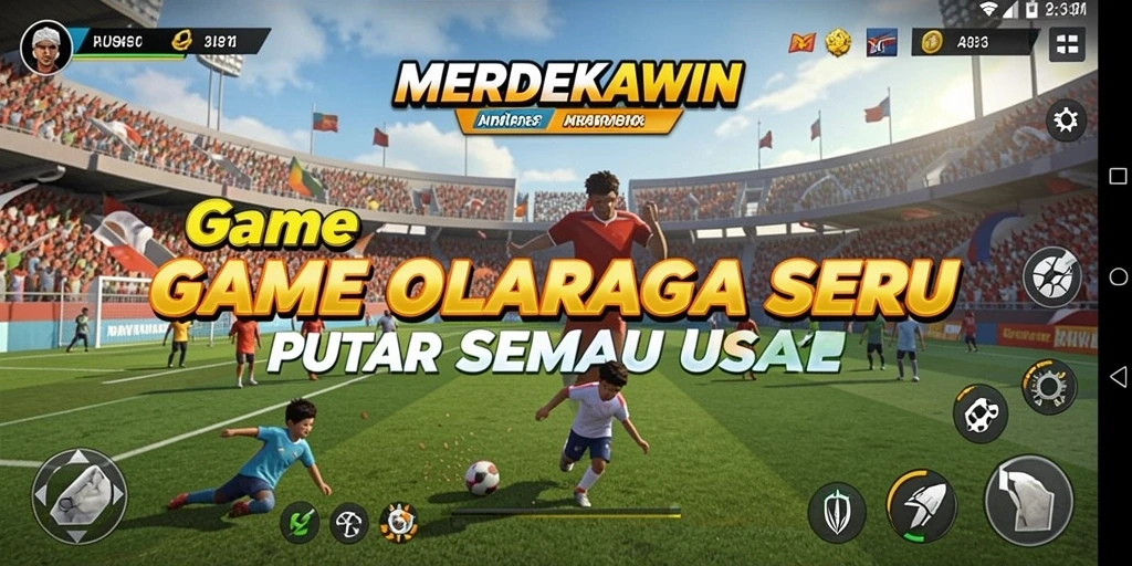 Screenshot gameplay MERDEKAWIN menampilkan pertempuran olahraga yang seru.